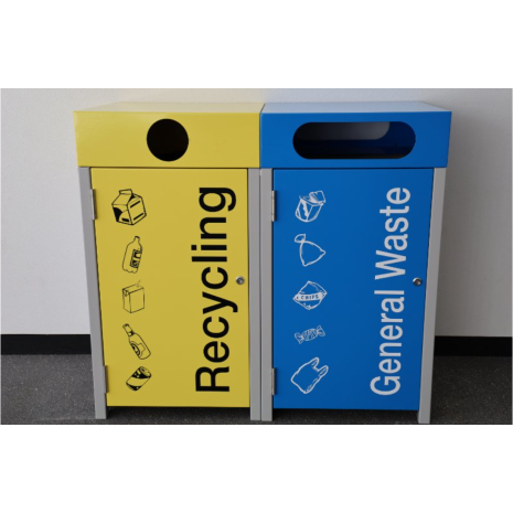 Athens Bin Enclosure - Powder Coated Base with Cube Top (Yellow top and door with signage + Blue top and door with signage)