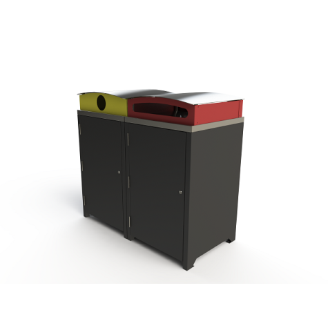 Athens Bin Enclosure - Custom Powder Coated Base / Stainless Steel Curved Cover with Red & Yellow Chutes