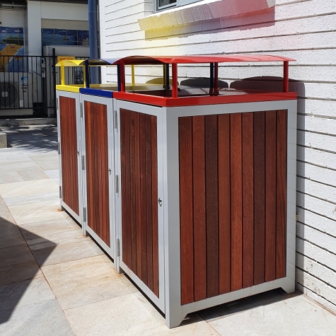 Athens Bin Enclosures - Timber Slat Base with Custom Coloured Curved Covers