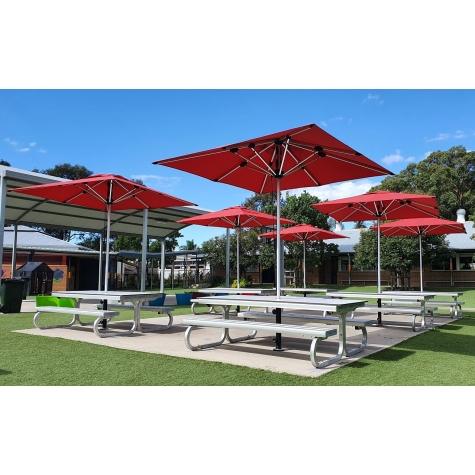 Aluminium Junior Outdoor Learning Setting - Laminate Top with red square umbrella